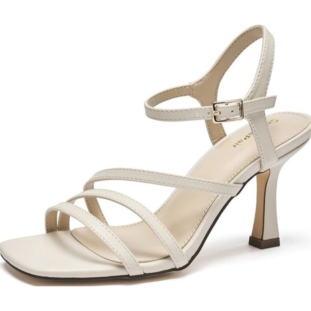 Women’s Stiletto Heels Sparkle Square Toe Ankle Strap Sandals Shoes Beige 8